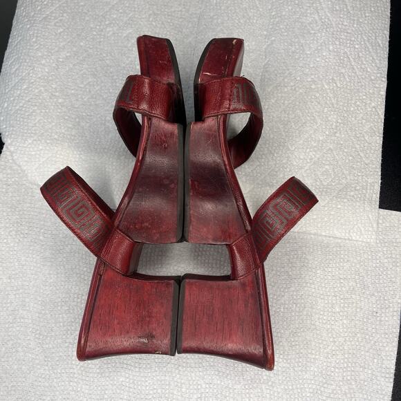 Vintage Cole Haan Sandals Size 7.5 Red Wood Platform Unique Slip On Leather Y2K - Picture 10 of 13